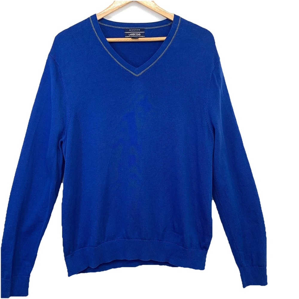 Lands End Long Sleeve V Neck Sweater 100% Supima Cotton Men Large Casual Preppy